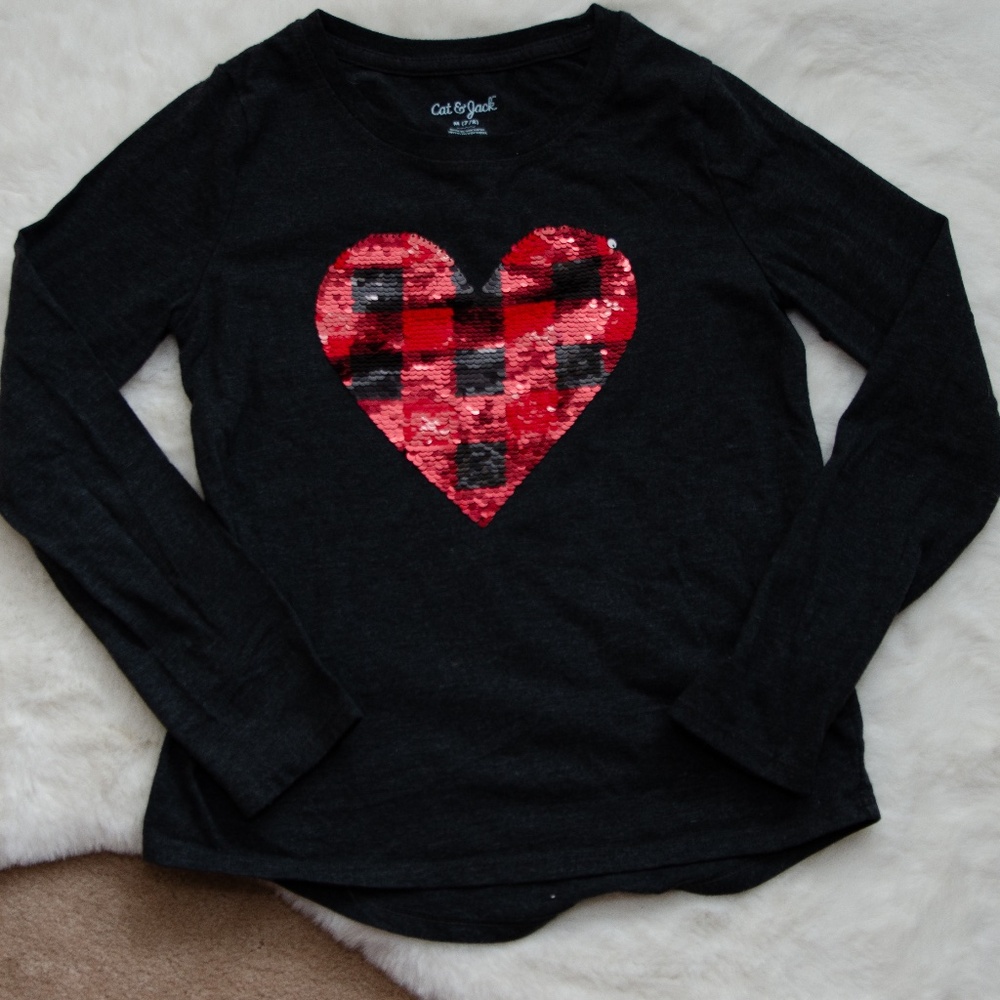 Cat & Jack Plaid Sequin Heart Sweater-Gray-Girls Size M (7)